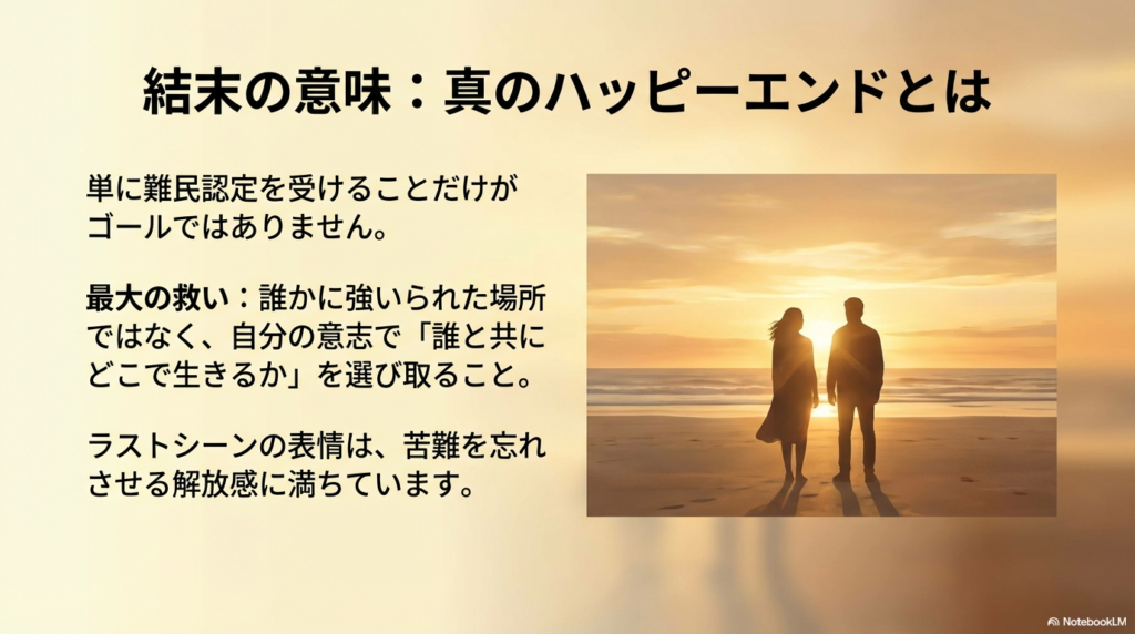 夕日の差す海岸に立つ男女のシルエット。難民認定だけでなく、自分の意志で誰とどこで生きるかを選ぶことが最大の救いであるという結末の解釈。