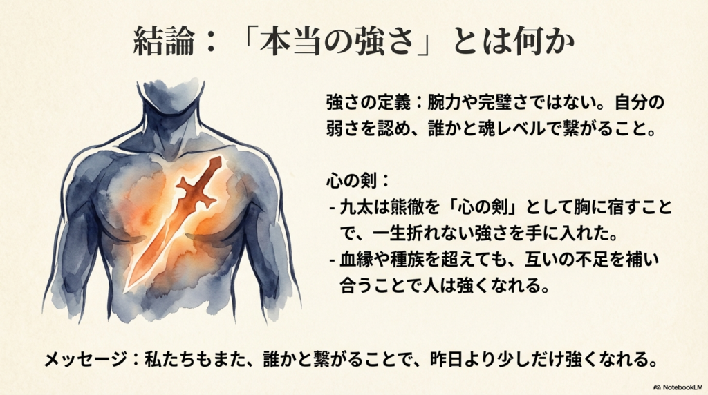 胸の中に光る「心の剣」が描かれた上半身のシルエットイラスト。弱さを認め、他者と魂レベルで繋がることが「本当の強さ」であるという結びのメッセージ。