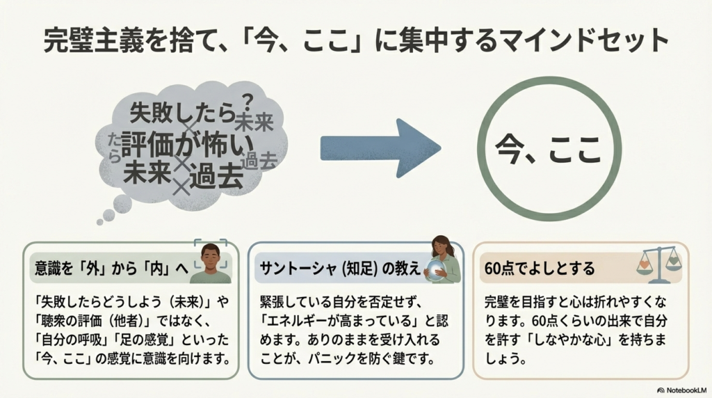 意識を「外（他者の評価）」から「内（自分の呼吸や感覚）」へ向け、完璧主義を手放して今の自分を受け入れるマインドフルネスの概念図。