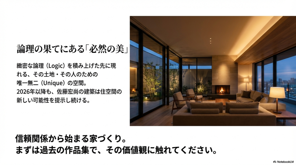 暖炉のある落ち着いたリビングルームの夜景写真。緻密な論理の先に現れる、その人のための唯一無二の空間を象徴している。