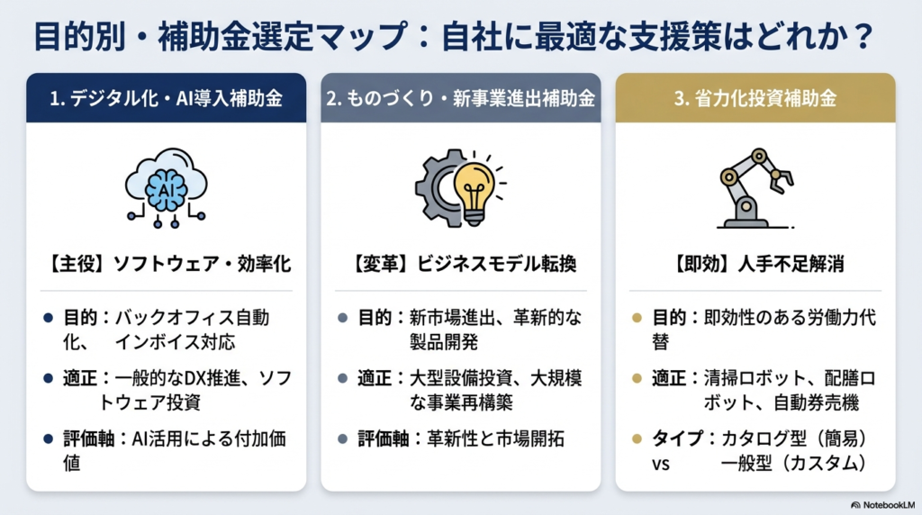 デジタル化・AI導入、ものづくり、省力化投資の3つの補助金について、目的・適正・評価軸をまとめた選定チャート。