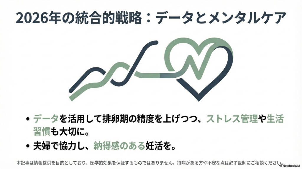 データを活用した精度向上とストレス管理・生活習慣の両立を説き、夫婦での協力を推奨するまとめのスライド。