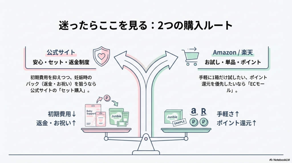 公式サイト(安心・セット・返金制度)とAmazon・楽天(お試し・単品・ポイント)のメリットを天秤で比較した図解。