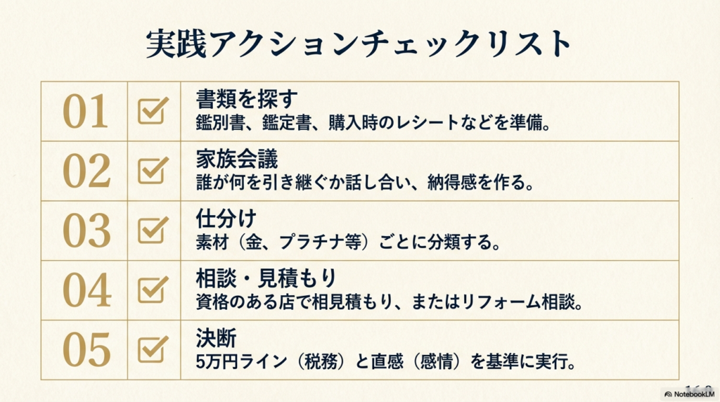 整理の5ステップをまとめたリスト。1.書類を探す、2.家族会議、3.仕分け、4.相談・見積もり、5.「5万円ライン」と「直感」を基準に決断、という具体的な行動指針。
