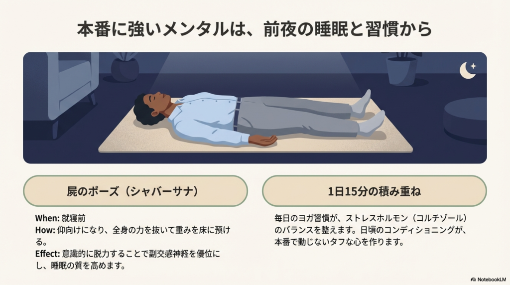寝る前に行う「屍のポーズ（シャバーサナ）」のイラストと、1日15分の習慣がストレスホルモンを整えることを説明するスライド。