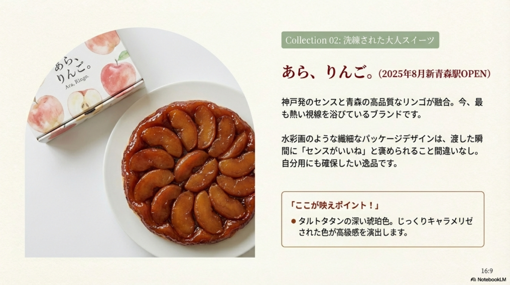 2025年8月に新青森駅にオープンする「あら、りんご。」の紹介。タルトタタンの琥珀色や、水彩画のような繊細なパッケージデザインを強調。