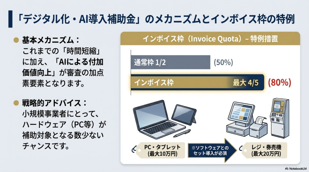 通常枠（補助率1/2）とインボイス枠（最大4/5）の比較、およびPC・タブレット、レジ・券売機の補助上限額の解説図。