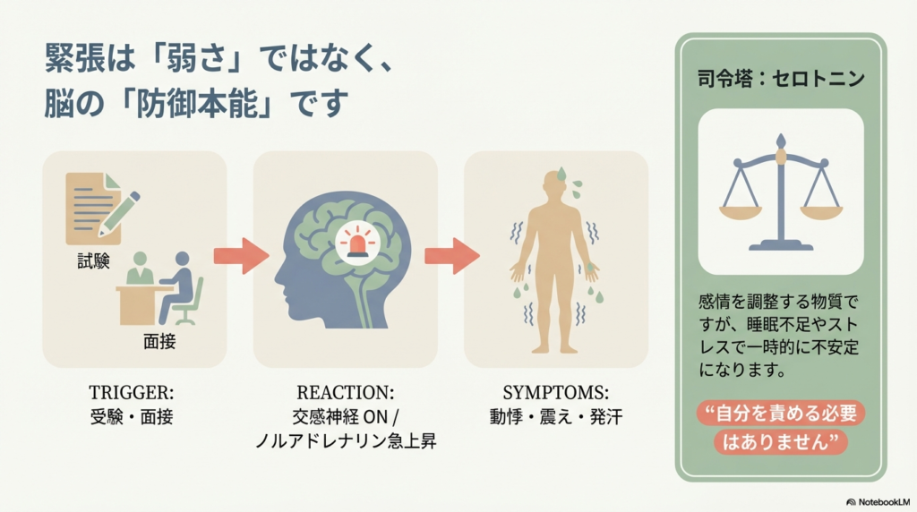 天秤のイラストと、試験・面接の刺激でノルアドレナリンが上昇し、動悸や震えが起こる仕組みを図解。セロトニンが情動を調整する司令塔であることを説明。