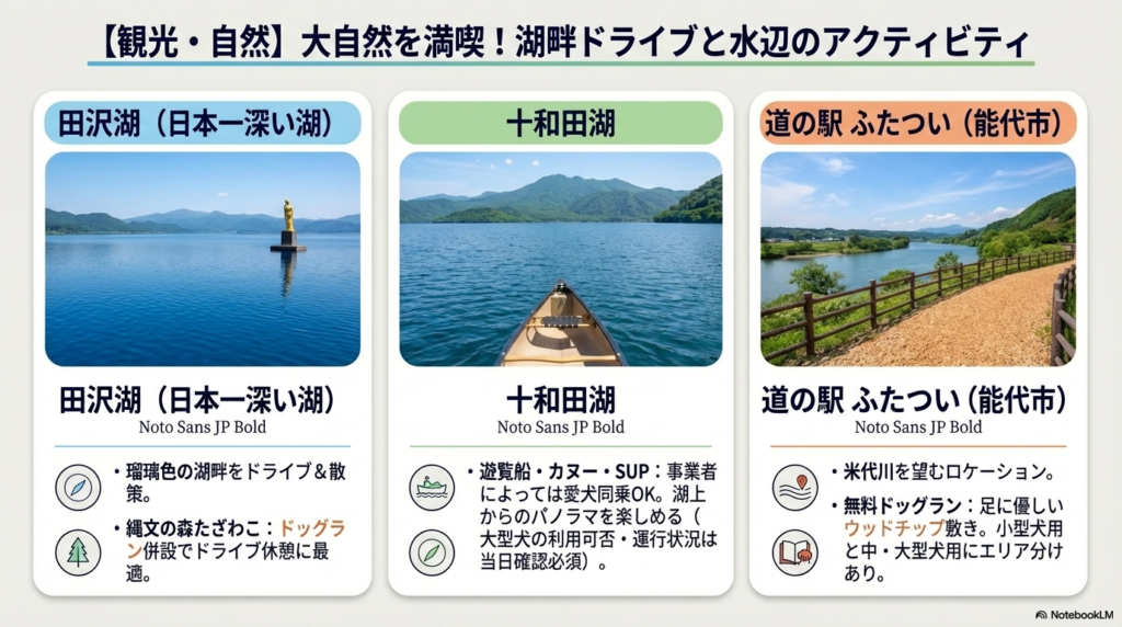 田沢湖の辰子像、十和田湖でのカヌー体験、道の駅ふたついのウッドチップ敷きドッグランの写真。ドライブ休憩や、愛犬と楽しめる湖上アクティビティ、エリア分けされた無料ドッグランの情報。