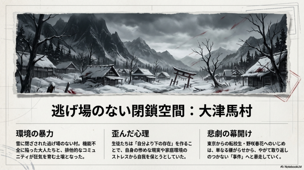 雪に閉ざされた逃げ場のない大津馬村の風景。機能不全の大人たちや、ストレスから「下の存在」を作ろうとする生徒たちの歪んだ心理を解説する図解。