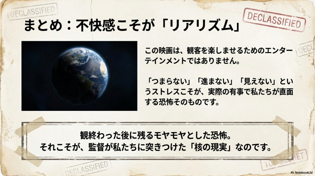 宇宙から見た地球の画像。「つまらない」「進まない」というストレスこそが有事の恐怖そのものであり、監督が突きつけた核の現実であるという結論 。