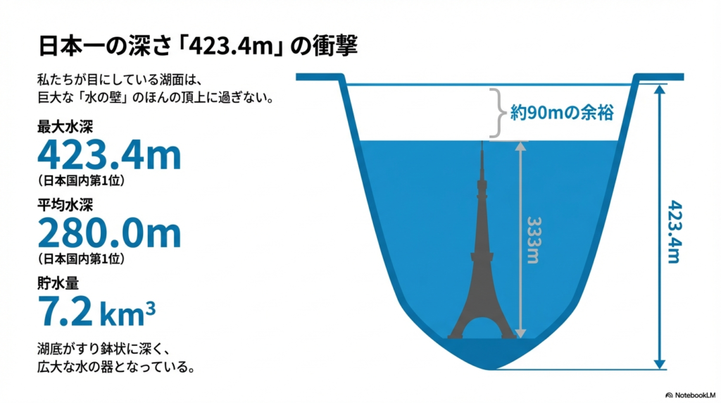 水深423.4mの田沢湖に333mの東京タワーが沈んでも、まだ約90mの余裕があることを示す断面図。