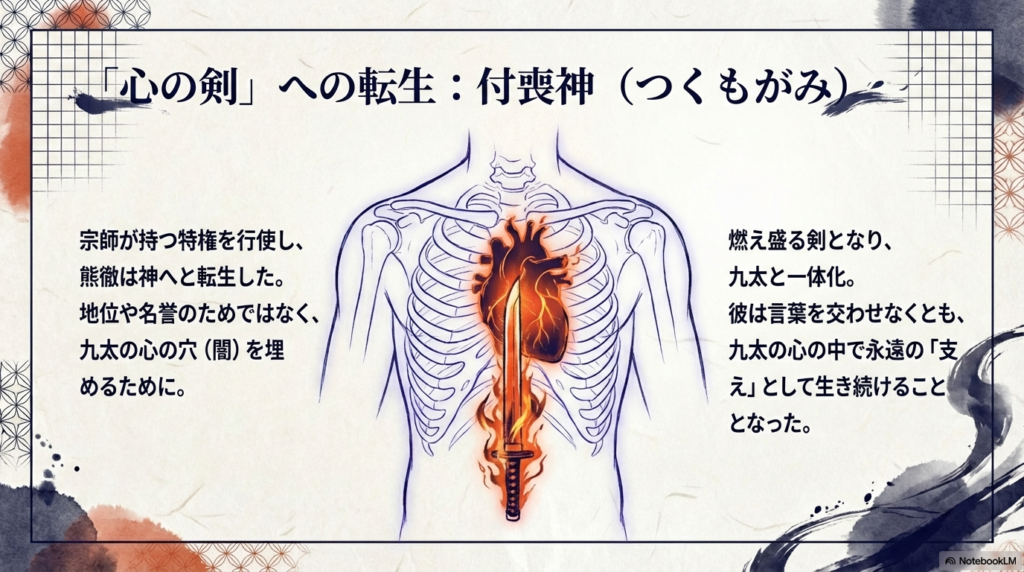 宗師の特権を行使し、九太の心の闇を埋めるために燃え盛る剣となって一体化した熊徹の精神的な生存についての説明 。