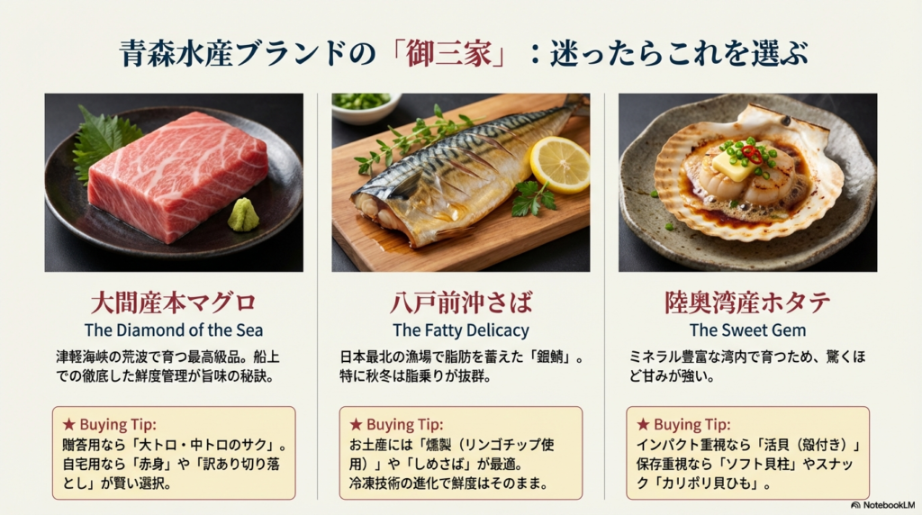 大間産本マグロ、八戸前沖さば、陸奥湾産ホタテの3大ブランドを紹介。それぞれの特徴と、贈答用・自宅用などの買い分けチップスがまとめられたスライド。