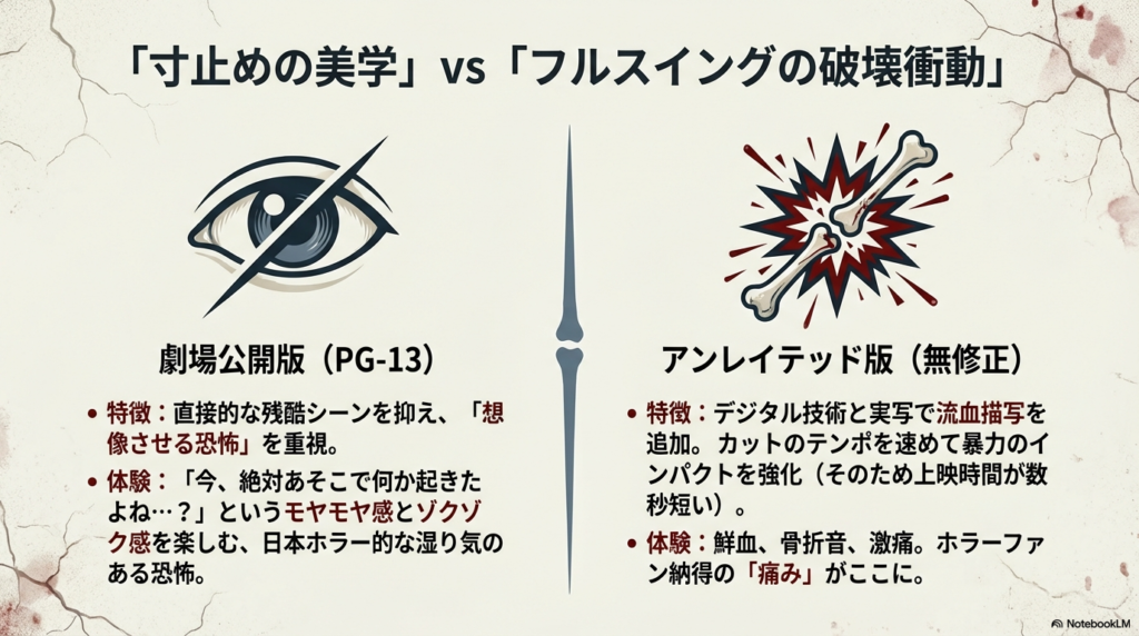 斜線の入った目のアイコン（劇場版）と、激しく砕ける骨のアイコン（アンレイテッド版）を並べ、それぞれの恐怖の質の違いを解説したスライド。
