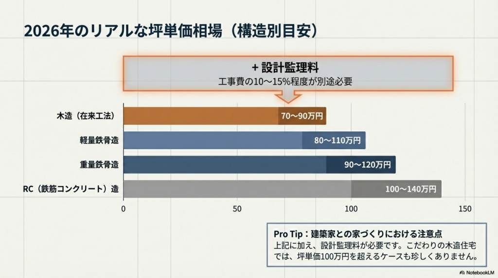 2026年の坪単価目安を示すグラフ。木造(在来)70〜90万円、軽量鉄骨80〜110万円、重量鉄骨90〜120万円、RC造100〜140万円。別途設計監理料(10〜15%)が必要であるとの注釈。