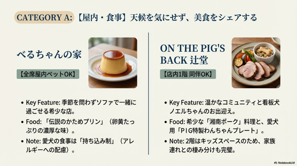 べるちゃんの家のプリンと、ON THE PIG'S BACKの湘南ポーク料理の画像。全席屋内OKや特製プレートなどの特徴がまとめられています。