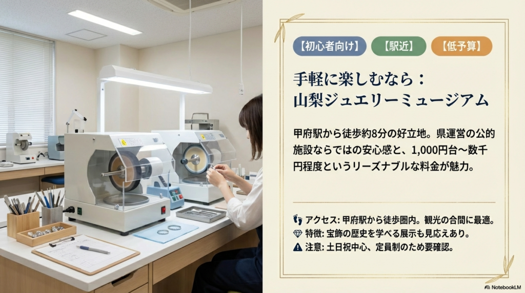 清潔感のある実習室の写真とともに、甲府駅から徒歩約8分、1,000円台からのリーズナブルな料金設定などの特徴が記載されたスライド 。