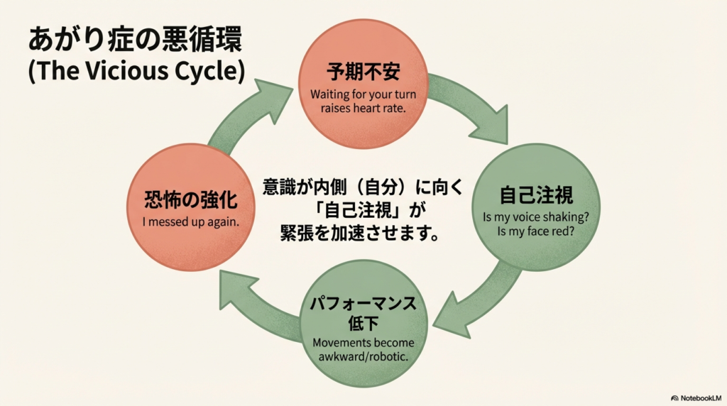 あがり症の悪循環(The Vicious Cycle)を示す図。順番待ちの予期不安が心拍を上げ、意識が自分に向く「自己注視(声が震えていないか等)」が緊張を加速。その結果パフォーマンスが低下し、さらに恐怖が強化されるというサイクルを解説しています。