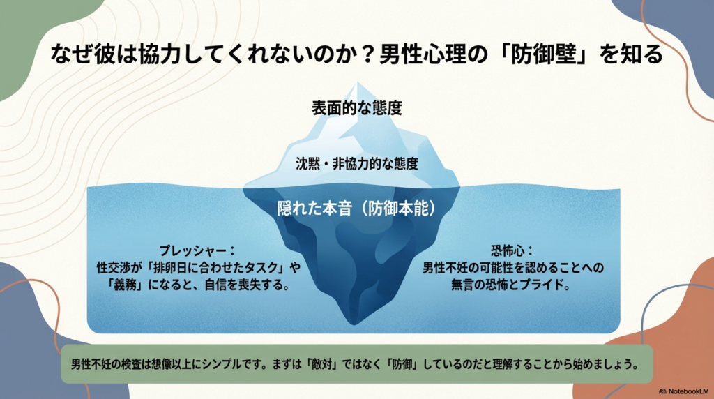 男性の非協力的な態度の裏にある「義務化へのプレッシャー」や「不妊を認める恐怖」などの防御本能を解説。検査のシンプルさを伝え、敵対ではなく理解を促す図解。