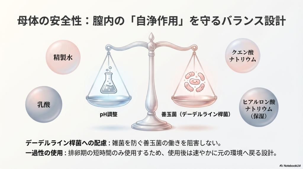 乳酸やクエン酸ナトリウムによるpH調整と、善玉菌（デーデルライン桿菌）の働きを阻害しないバランス設計を解説する天秤のイラスト。