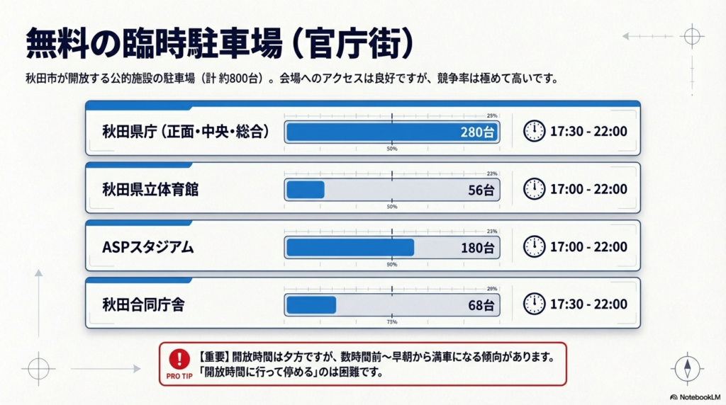 秋田県庁、県立体育館、ASPスタジアム、秋田合同庁舎の4箇所の収容台数と開放時間を一覧にしたスライド。