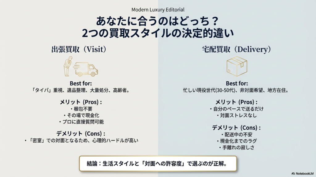 出張買取と宅配買取のそれぞれについて、おすすめの層、メリット、デメリットを左右に並べて比較した図解スライド。