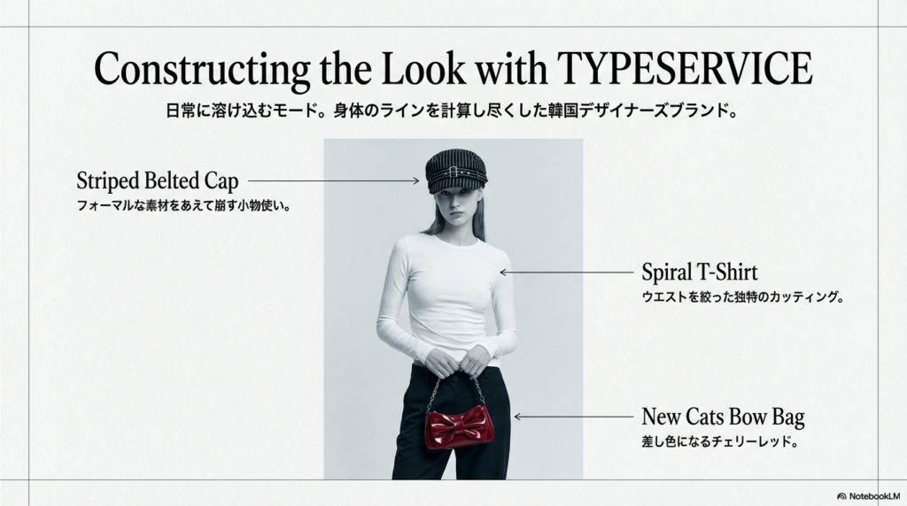 韓国ブランド「TYPESERVICE」のアイテム紹介スライド。ウエストを絞ったTシャツや、チェリーレッドのバッグ、フォーマルな素材のキャップなど、ブランドの特徴的なアイテムがリストアップされている。