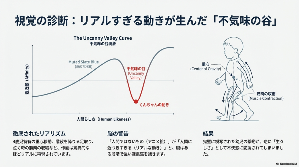 不気味の谷現象のグラフと、くんちゃんの歩行時の重心移動や筋肉の収縮を解析したイラスト。写実性が強すぎて脳が嫌悪感を抱く仕組みを解説している 。