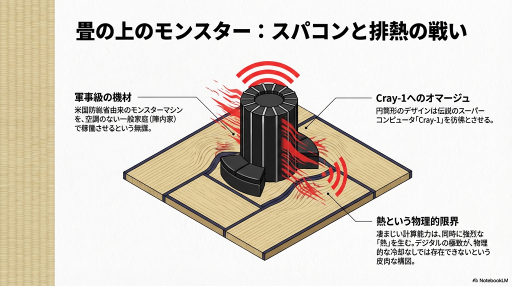 陣内家の畳の上に置かれた、伝説のスーパーコンピュータ「Cray-1」を彷彿とさせる円筒形の機材のイラスト。 米国防総省由来のモンスターマシンが、冷却なしでは存在できない「熱」という物理的限界に直面している様子を示している。
