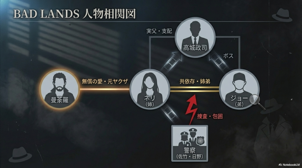 ネリ、ジョー、高城、曼荼羅、警察の相関図。血縁、共依存、支配などの関係性が示されている。