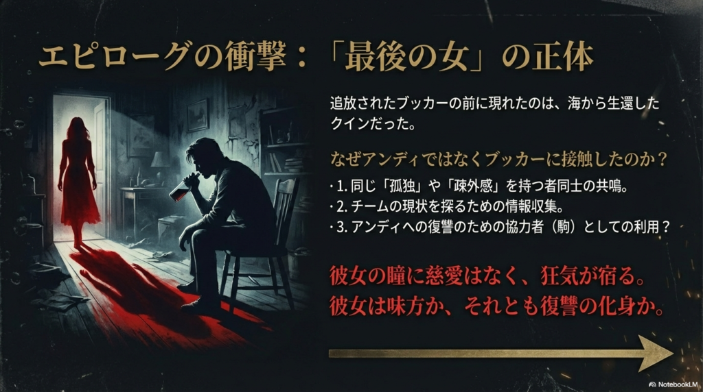 追放されたブッカーの前に現れたクインの目的を考察するスライド。狂気を宿した彼女が復讐の化身である可能性を示唆している 。