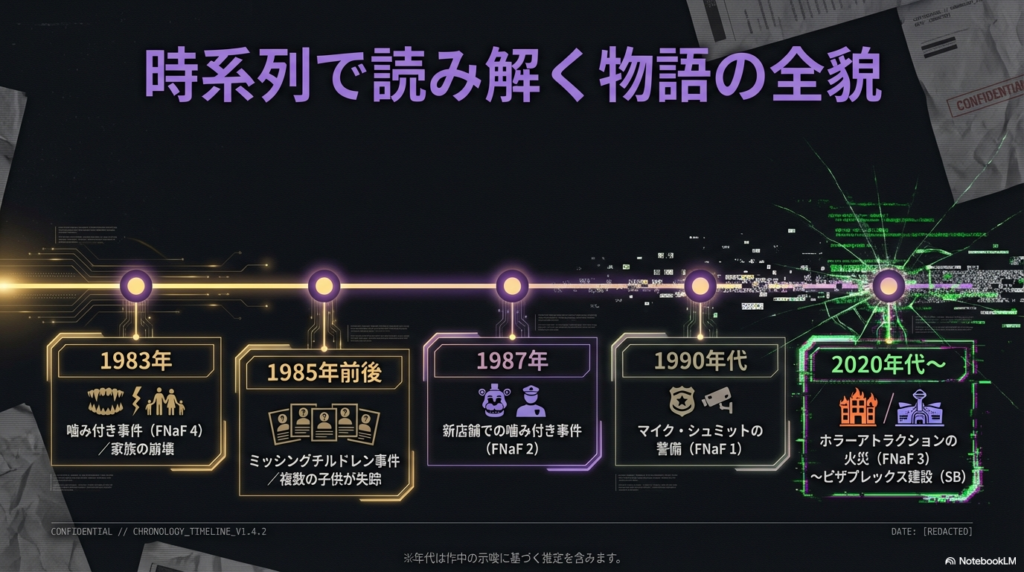 1983年の噛み付き事件から、1987年の事件、1990年代の警備、そして2020年代以降のピザプレックス建設までの物語の流れを示した年表スライド 。