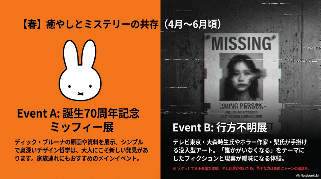 左側にミッフィーのイラストと原画展示の紹介 、右側に「MISSING」と書かれたノイズの走る女性の顔画像と「行方不明展」の紹介が並ぶスライド。