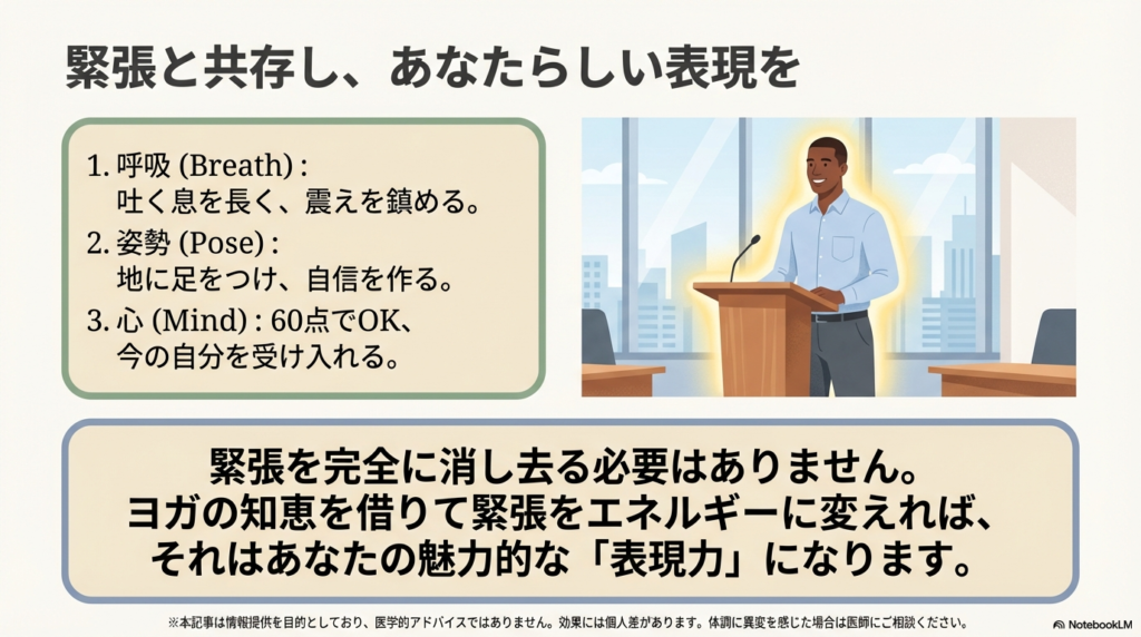 演台で堂々と話す人物のイラストとともに、呼吸・姿勢・心（60点でOK）のポイントをまとめ、緊張を表現力に変えるメッセージを添えたスライド。