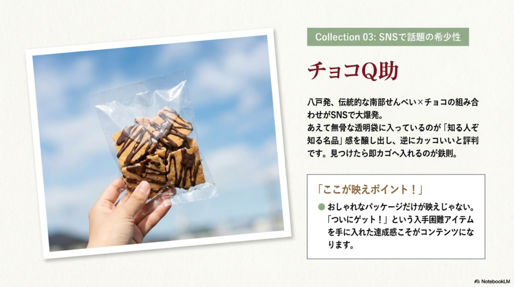 南部せんべいとチョコを組み合わせた「チョコQ助」のスライド。入手困難なアイテムを手に入れる達成感自体がコンテンツになることを説明。