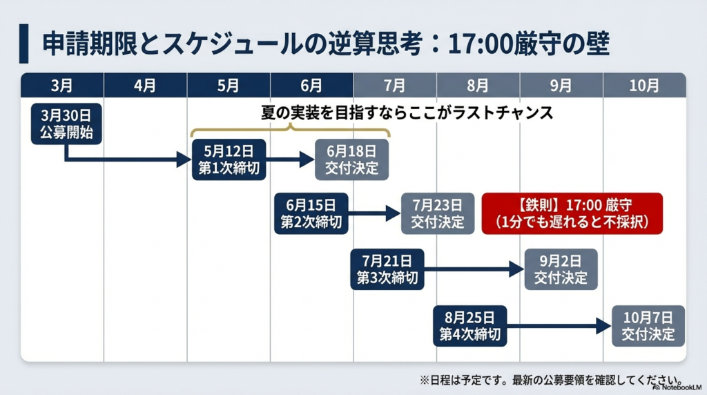 2026年3月から8月までの第1次〜第4次締切日と交付決定日をまとめたスケジュール表。17:00厳守の注意書き。