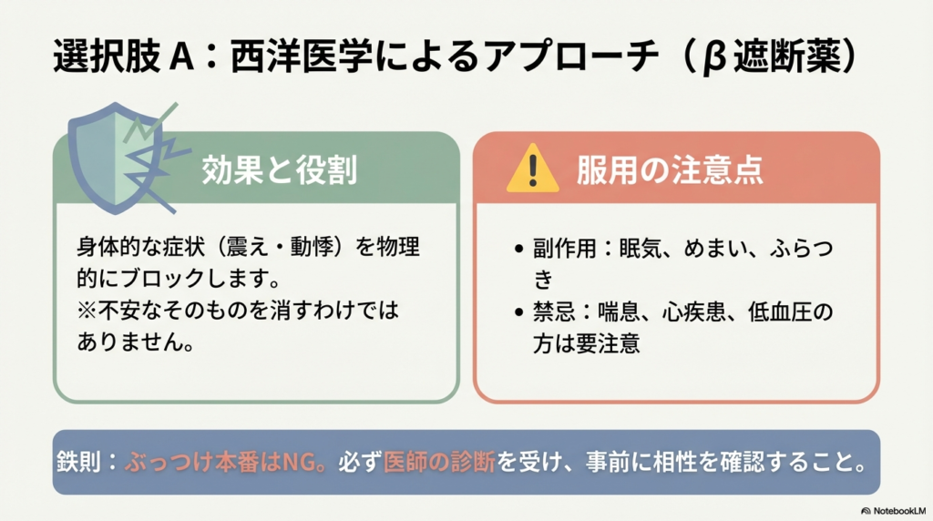 西洋医学的アプローチ（β遮断薬）の説明。身体的な症状をブロックするが不安そのものを消すわけではないこと、副作用や禁忌についての注意点。