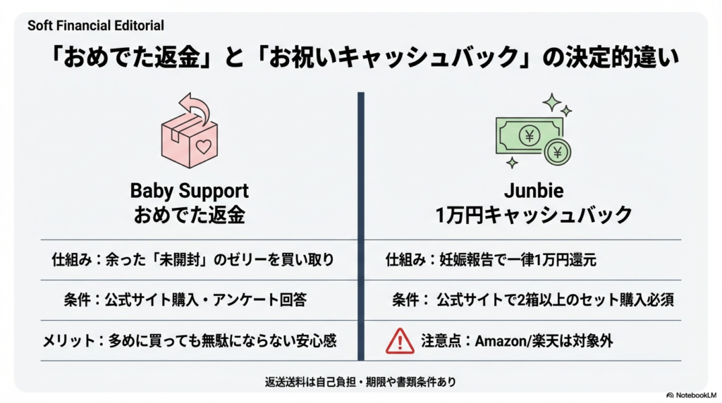ベビーサポートの「おめでた返金(未開封ゼリー買い取り)」とジュンビーの「1万円キャッシュバック(妊娠報告で一律還元)」の条件や仕組みを比較した表。