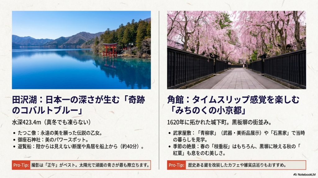 日本一深い田沢湖のコバルトブルーとたつこ像の伝説、および角館の武家屋敷や枝垂桜・紅葉の見どころをまとめたスライド。