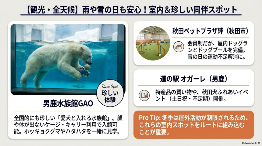 水槽を泳ぐホッキョクグマと、アジリティ設備のある屋内ドッグランの写真。全国的にも珍しい「愛犬と入れる水族館」としての男鹿水族館GAOの紹介と、雨・雪の日でも安心な屋内施設の情報。