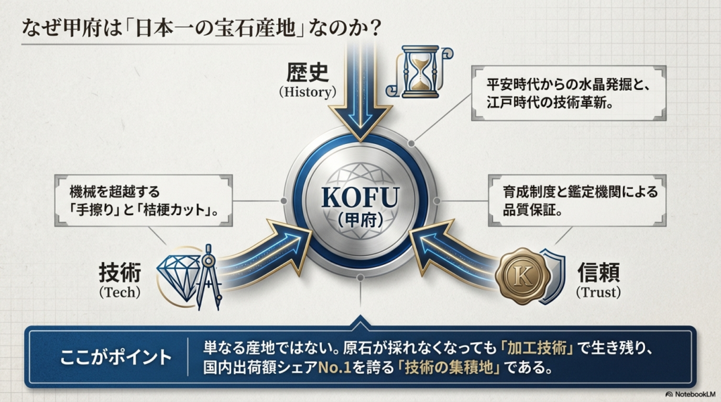 歴史、技術、信頼の3つの柱が甲府(KOFU)という中心地を支えている構造図。国内出荷額シェアNo.1を誇る「技術の集積地」であることを強調。