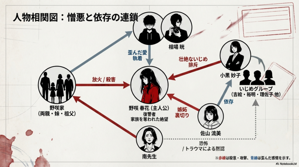 主人公・野咲春花を中心に、いじめグループ、相場晄、南先生、家族の複雑な関係性を示す相関図。殺意や歪んだ感情が矢印で示されている。