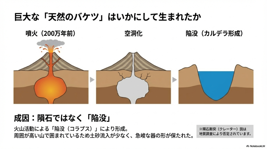噴火、空洞化、そして地表が陥没（コラプス）して深いカルデラ湖ができるまでを3ステップで説明したイラスト。