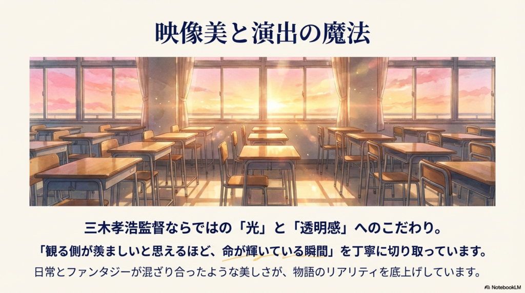 夕暮れ時の教室のイラスト。日常とファンタジーが混ざり合った「命が輝いている瞬間」を切り取った映像表現についての解説です 。