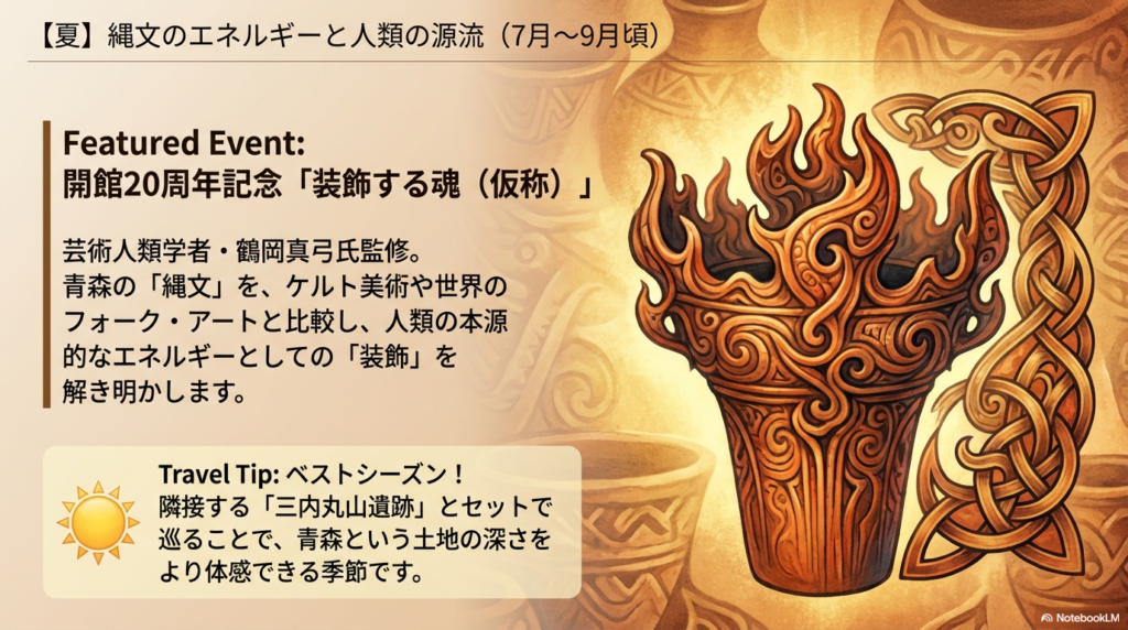 炎のような装飾が施された縄文土器とケルト文様のイラスト。青森の縄文文化をケルト美術やフォーク・アートと比較する展示内容が解説されている。