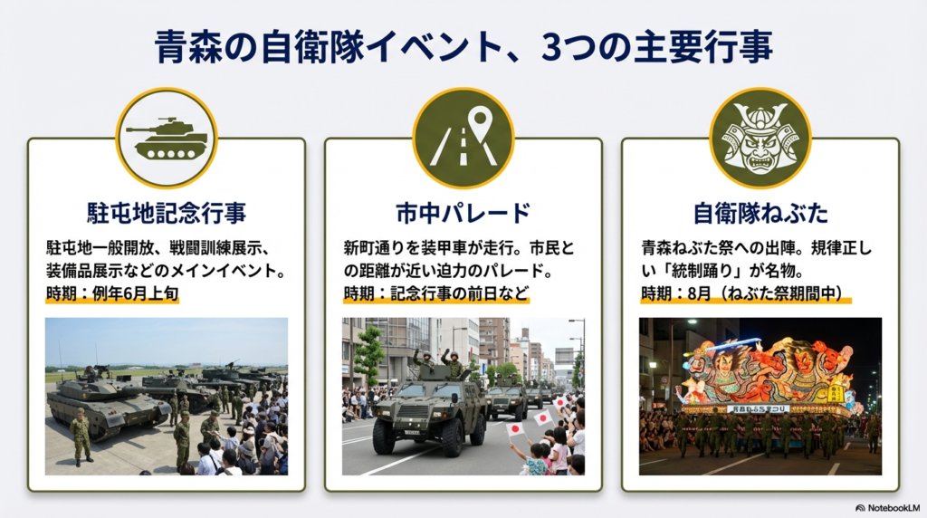 6月上旬の「駐屯地記念行事」と「市中パレード」、8月の「自衛隊ねぶた」の時期と概要をまとめたスライド 。