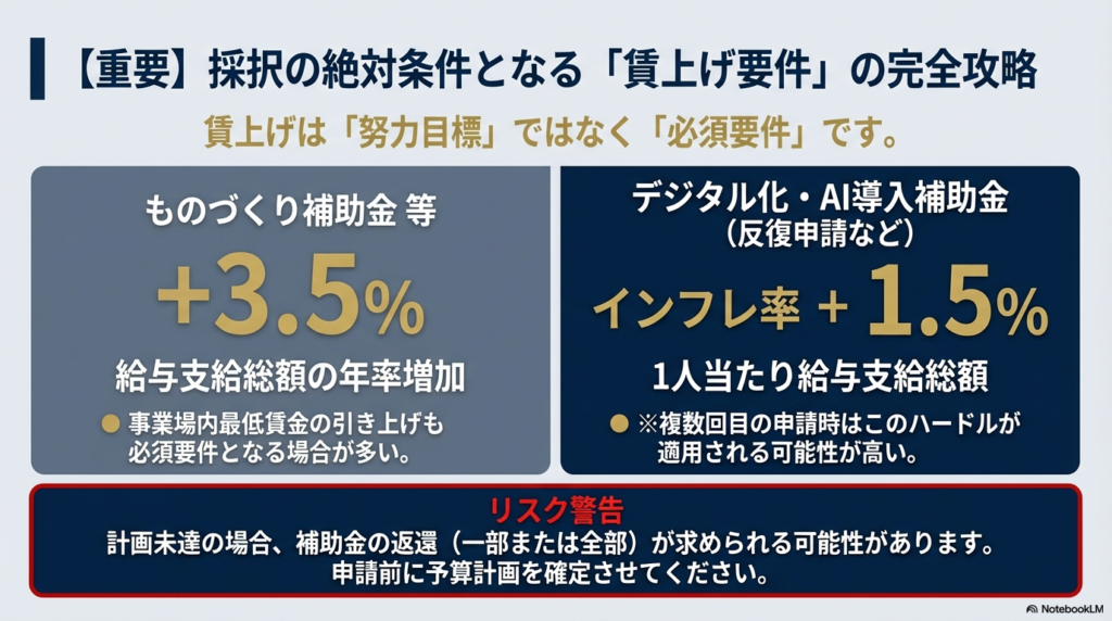 ものづくり補助金（年率+3.5%）とデジタル化・AI導入補助金（インフレ率+1.5%）の賃上げ必須要件をまとめた図。