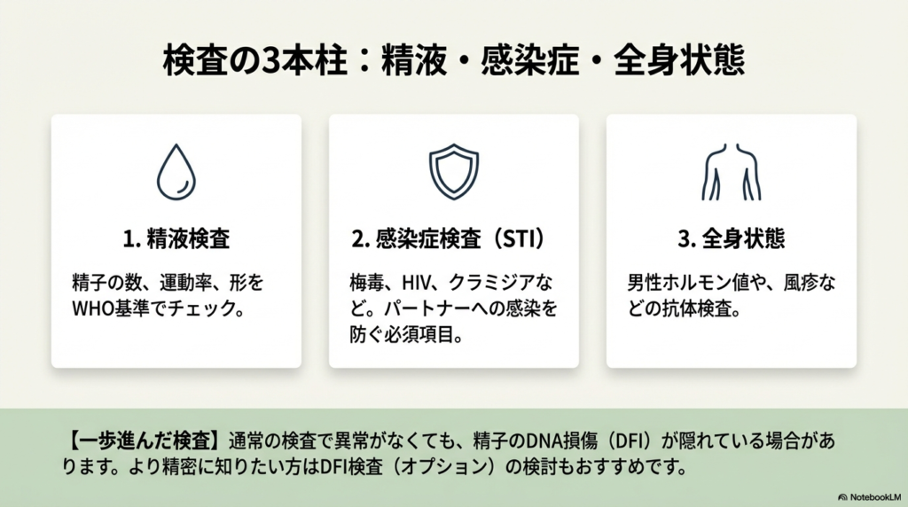 検査の3つの柱として、1.精液検査(数・運動率・形)、2.感染症検査(梅毒・HIV・クラミジア等)、3.全身状態(男性ホルモン・風疹抗体等)を紹介。オプションのDFI検査についても記載。