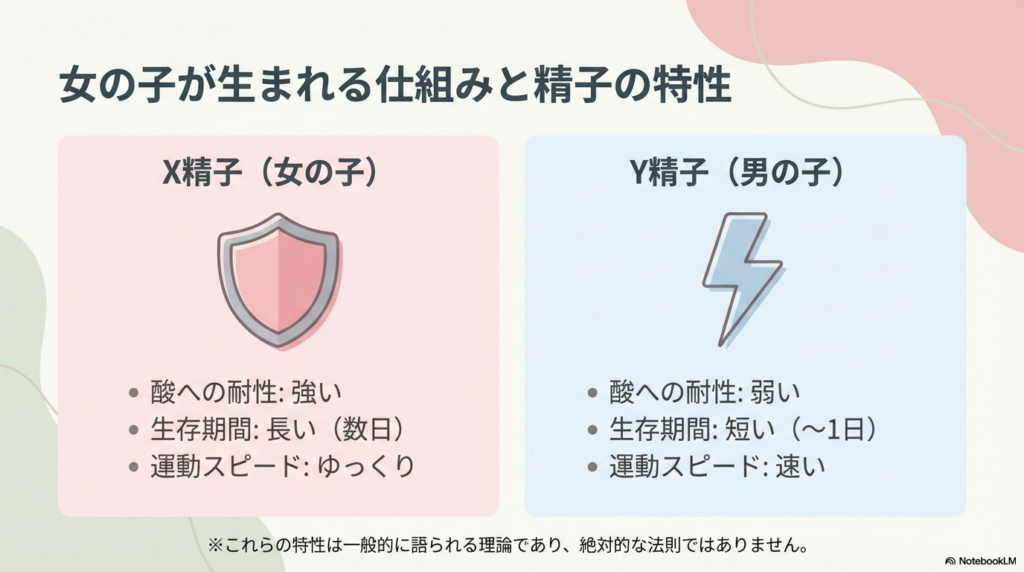 X精子(女の子)とY精子(男の子)の、酸への耐性・生存期間・運動スピードの違いを比較した図解スライド。